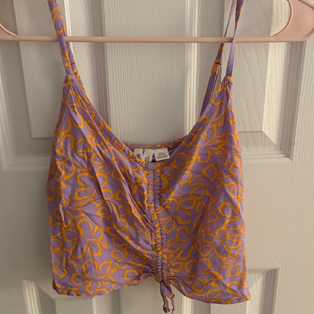 Roxy Purple Floral Ruched Crop Tank with Orange Accents